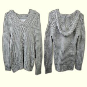 Old Navy Y2k Hooded Sweater Gray Lambswool Rabbit Hair Preppy Chunky Cable Knit